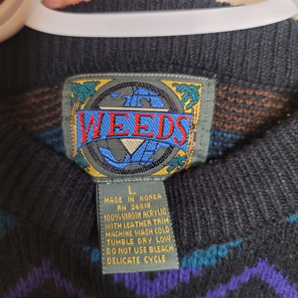 VTG WEEDS Men's Multicolor Zig-Zag Pattern Knit Grandpa Sweater Leather Trim L - Picture 5 of 9
